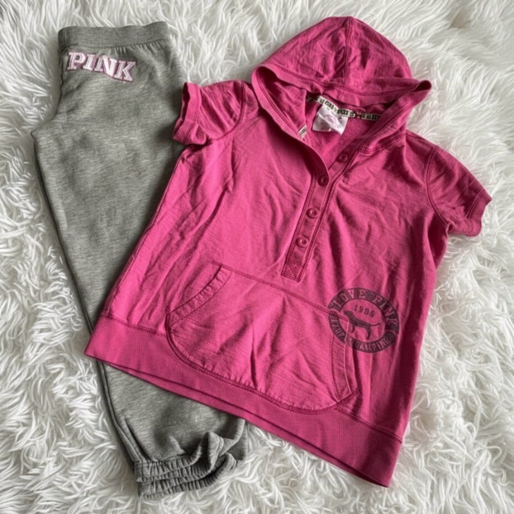 PINK Victoria's Secret Set Capri Sweatpants & Pink Hoodie Y2K Retro Size Medium